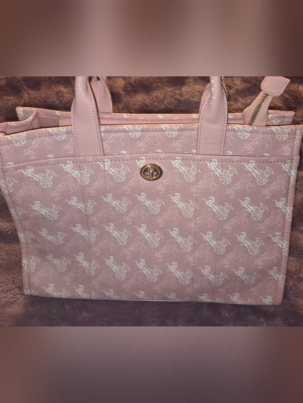 3pc Pink Tote Bag with Turn-Lock Closure, Matching Crossbody Bag & Wallet